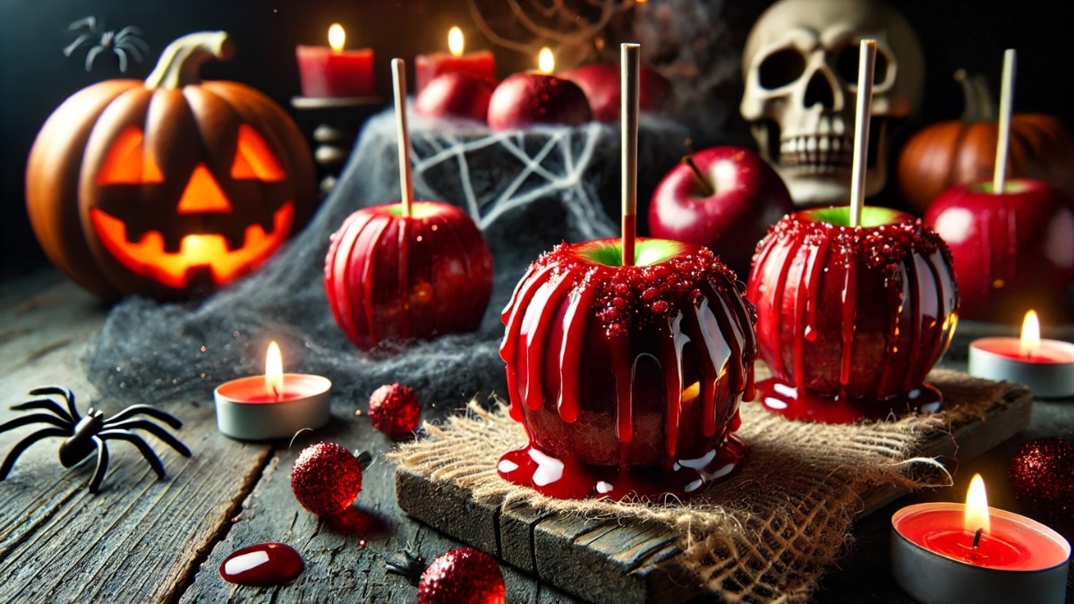 Shiny red caramel apples with a spooky blood-dripping effect, placed on a rustic wooden table with candles, a skull, and Halloween decorations.