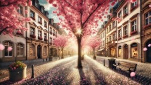 Charming City Street Adorned with Blooming Cherry Blossoms