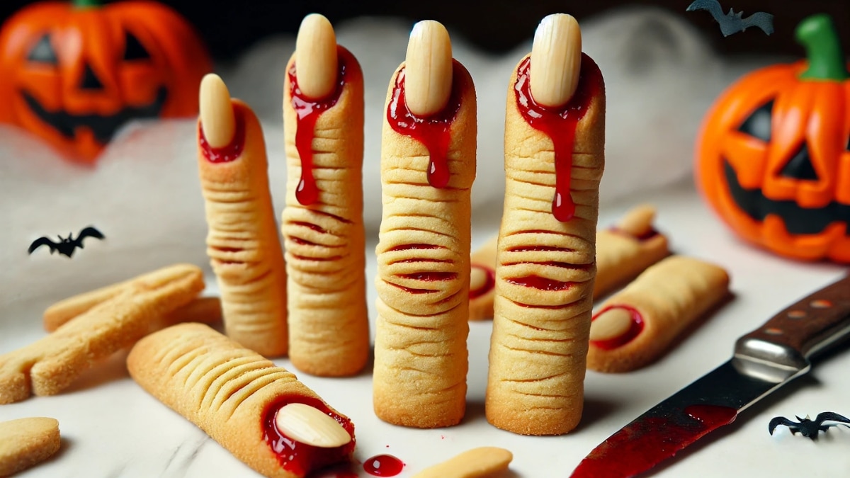 Realistic severed finger cookies made from crispy dough, with almond nails and red jam "blood," set against a spooky Halloween backdrop.