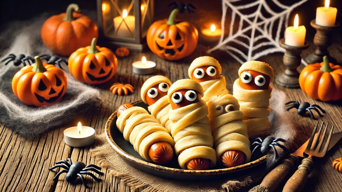 A plate of spooky Halloween mummy hot dogs wrapped in puff pastry, decorated with candy eyes, set on a rustic wooden table with pumpkins and candles.