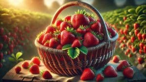 Freshly Picked Strawberries in a Rustic Basket