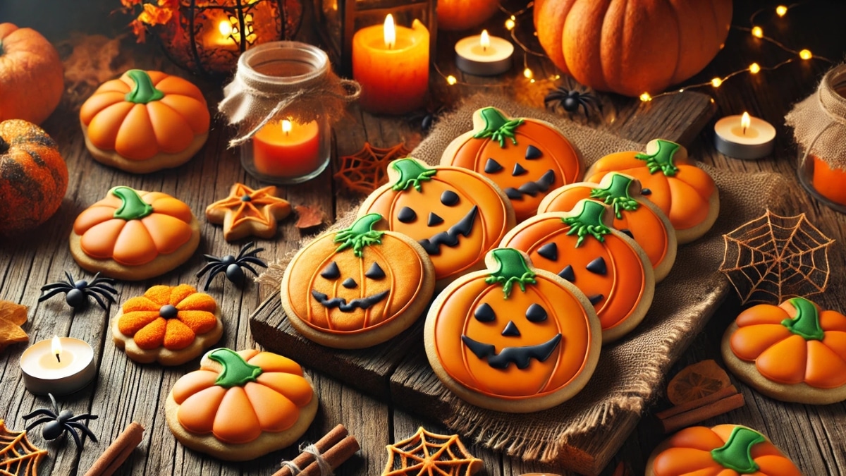 Halloween pumpkin-shaped cookies with vibrant orange icing and green stems, placed on a rustic wooden table with candles, spiders, and festive autumn decor.