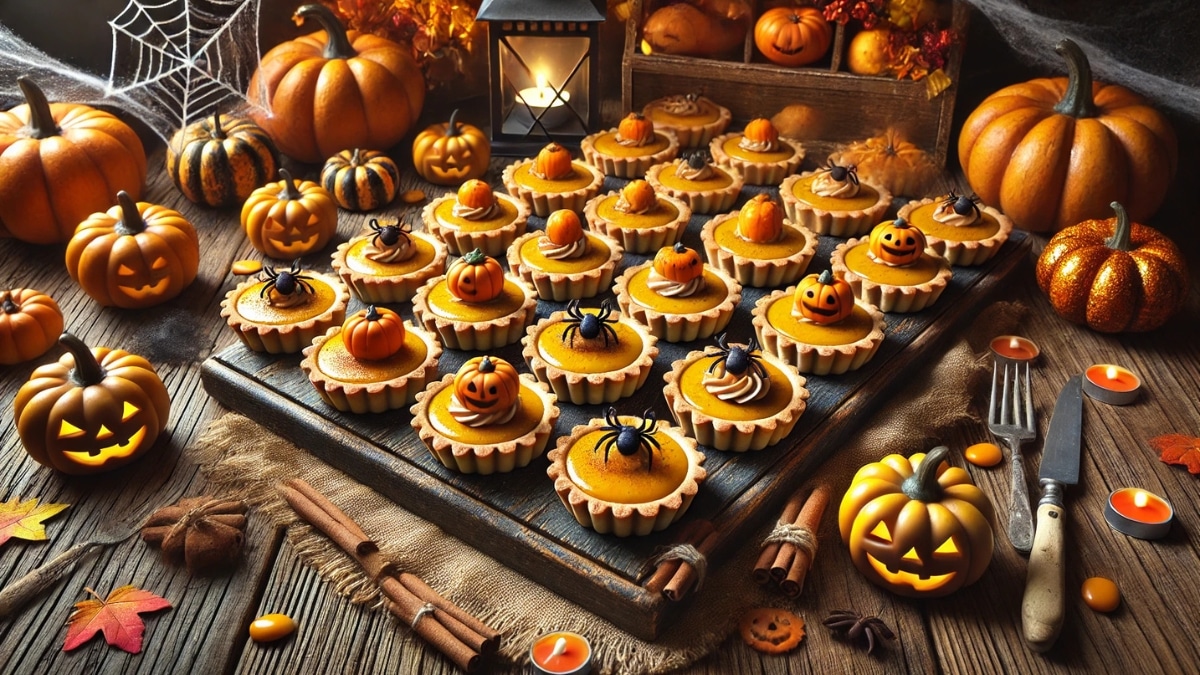 A tray of Halloween-themed pumpkin tartlets with spooky decorations like mini pumpkins, edible spiders, and whipped cream swirls, set on a rustic wooden table.