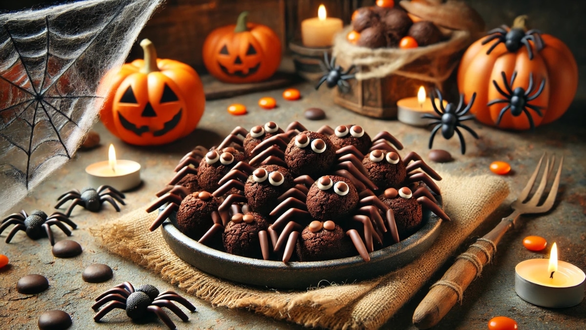 A plate of spooky chocolate spider treats made from brownie balls, candy eyes, and chocolate stick legs, perfect for Halloween celebrations.