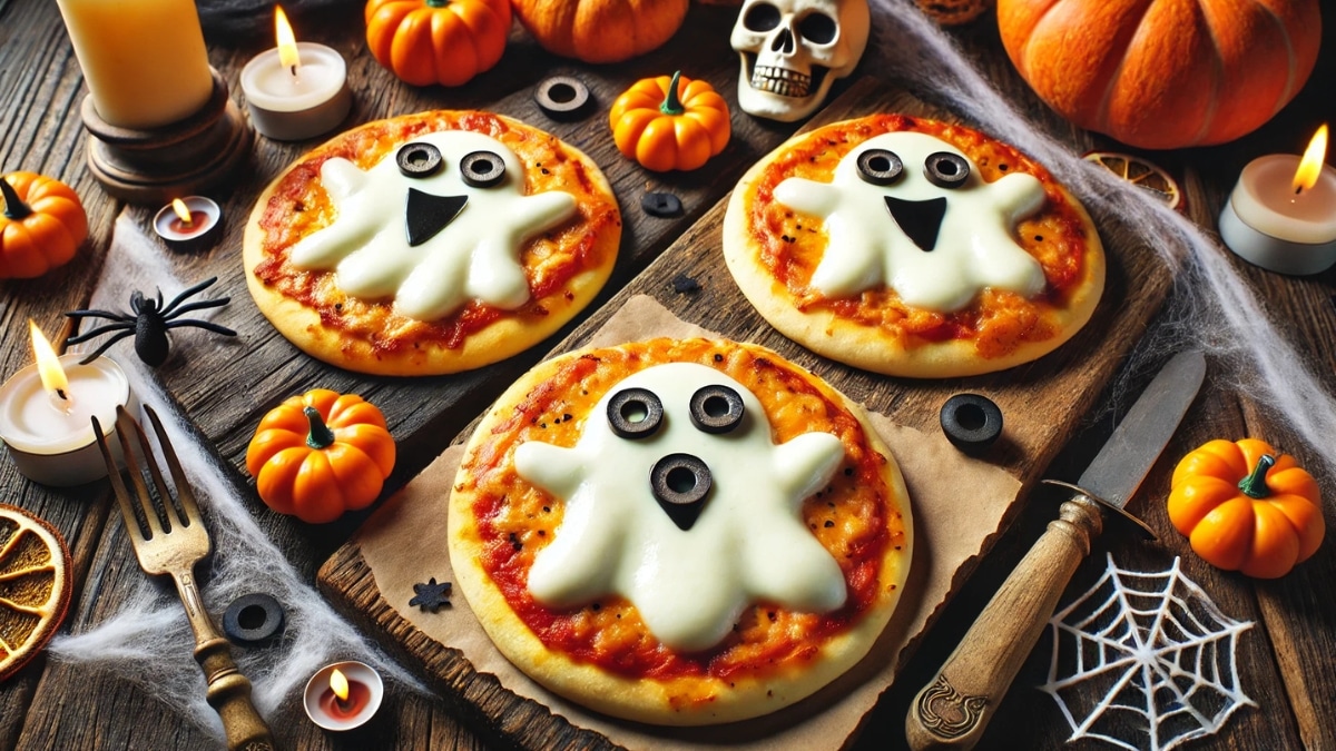 Mini Halloween pizzas with ghost-shaped melted mozzarella, black olive eyes, and a festive spooky atmosphere with pumpkins and candles.