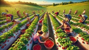 Strawberry Picking at a Sunlit Farm