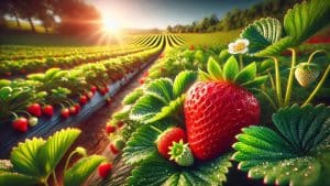 Sunlit Strawberry Field with Dew-Kissed Berries