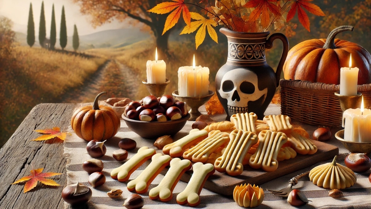 A rustic table with traditional Italian Ossi dei Morti bone-shaped cookies, autumn leaves, chestnuts, pumpkins, and flickering candles, creating a warm Halloween ambiance.