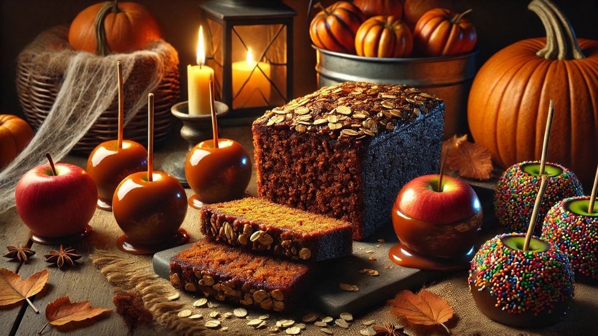 A rustic table featuring traditional English Halloween treats – Parkin Cake with an oat topping and glossy toffee apples, surrounded by pumpkins, candles, and autumn leaves.