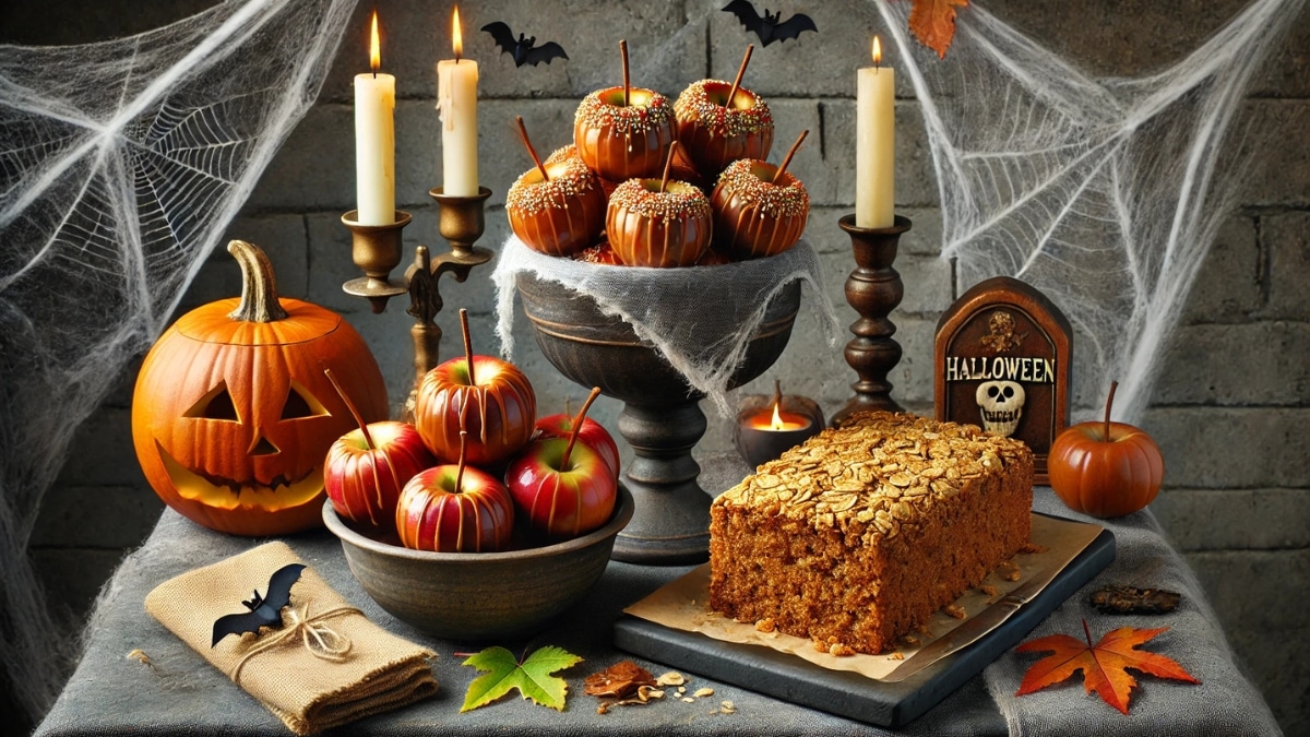 A Halloween-themed table featuring traditional English Parkin Cake with an oat topping and glossy toffee apples, surrounded by pumpkins, candles, and cobwebs.