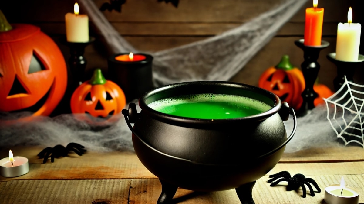 A bubbling green Halloween potion in a black witch’s cauldron, surrounded by jack-o’-lanterns, candles, and cobwebs for a spooky festive setting.