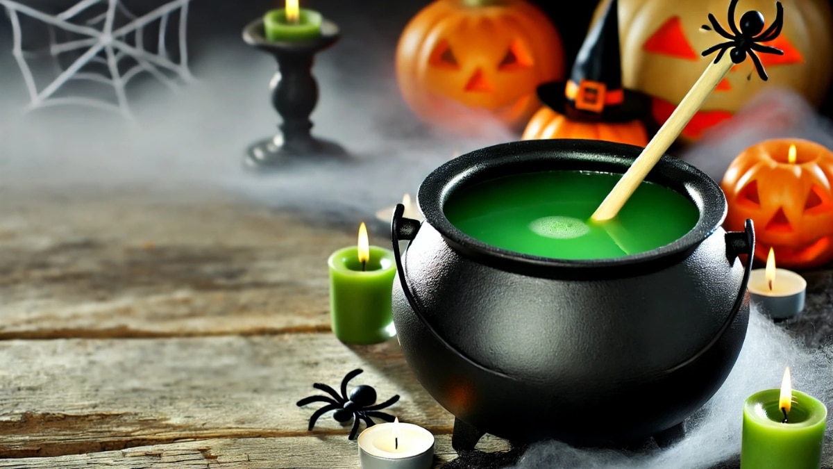 A black cauldron filled with a glowing green Halloween punch, surrounded by candles, jack-o’-lanterns, and spooky decorations on a rustic wooden table.